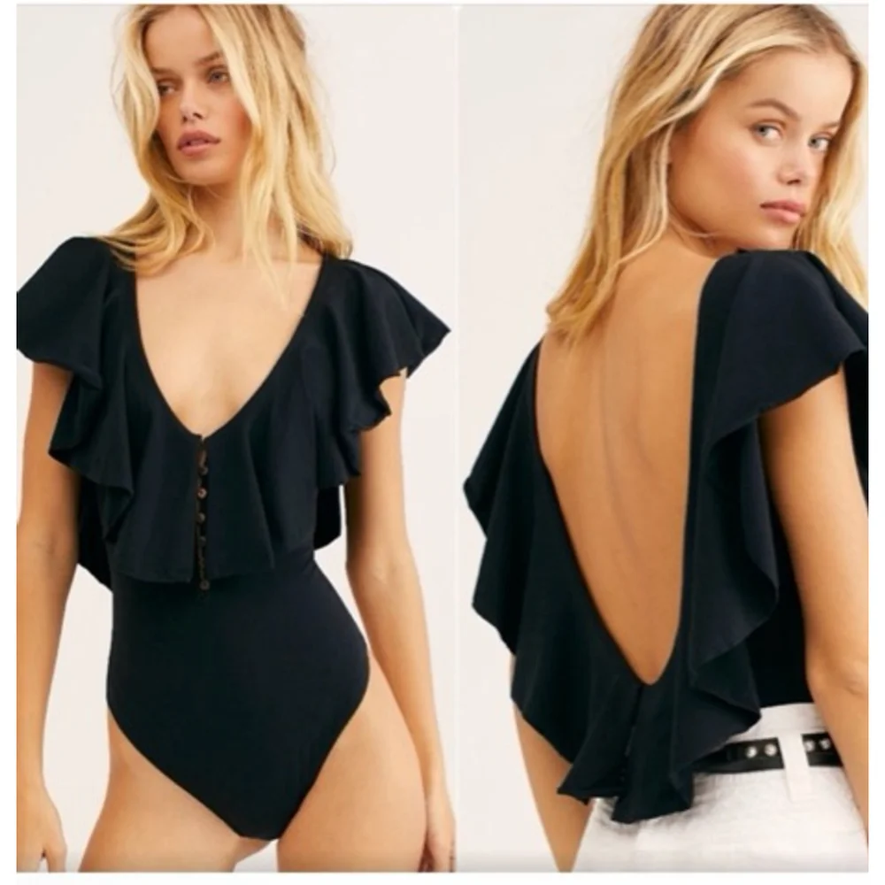 Women's Free People Black Ruffle V-Neck Bodysuit M - Picture 1 of 3